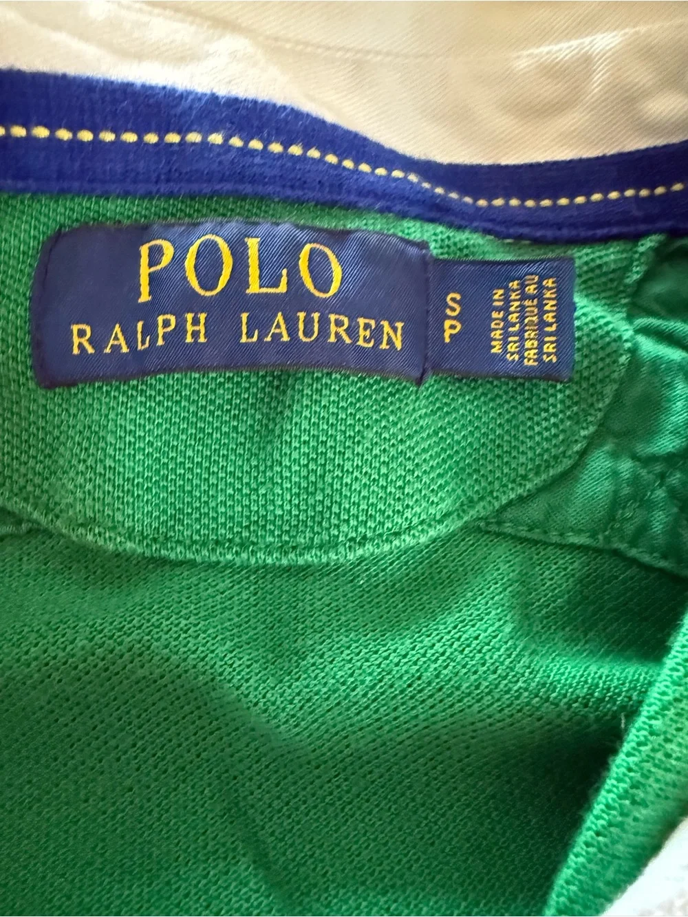 Ralph Lauren Polo Green Tee with Navy Label and Yellow Stitching